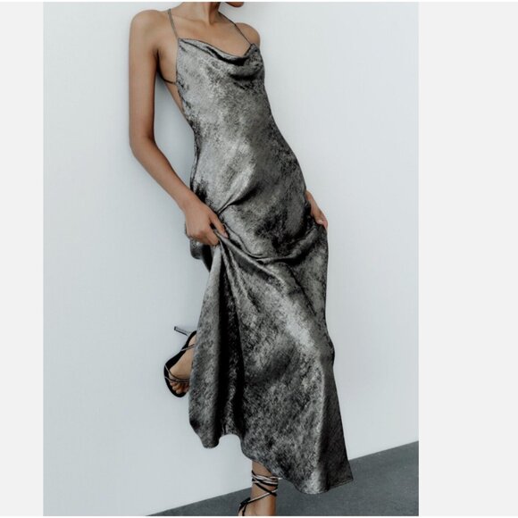 ZARA NEW WOMAN SILVER SATIN EFFECT SLIP DRESS Size L REF:8496/746 - Picture 7 of 16